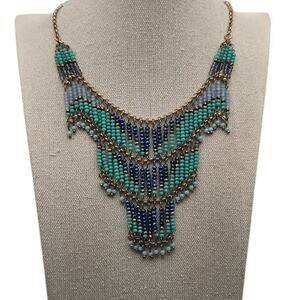 Turquoise Blue Beaded Fringe Necklace Gold Chain – Boho Southwestern Festival